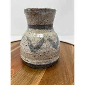 Handmade Ceramic Vase Rustic Beige Blue Zigzag Pattern Small Bud Vase